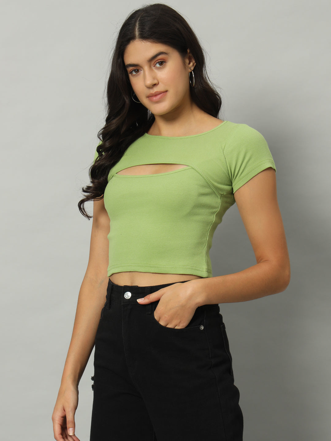 BROOWL Women's Round Neck Cut Out Fitted Crop Top