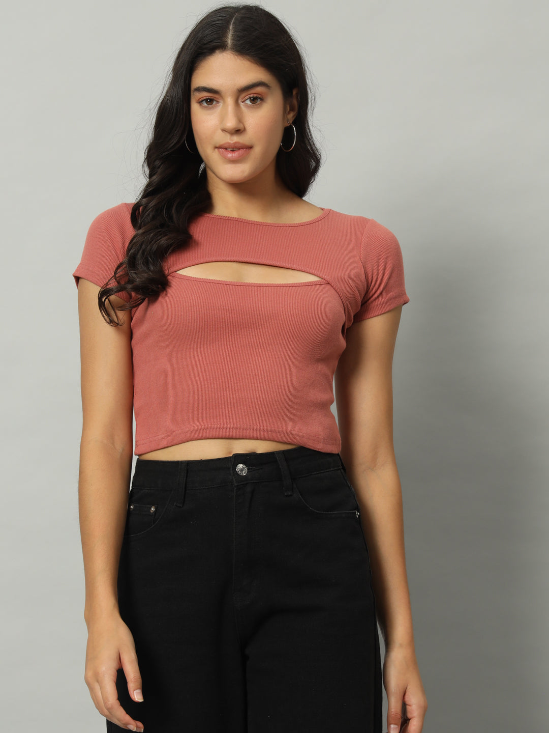 BROOWL Women's Round Neck Cut Out Fitted Crop Top