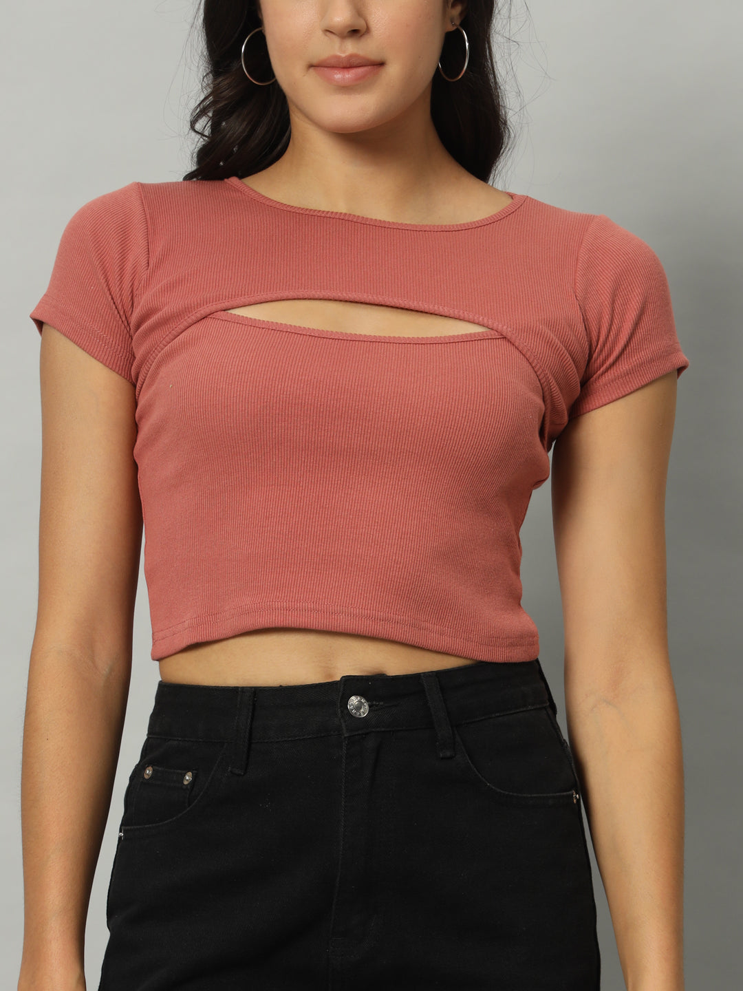 BROOWL Women's Round Neck Cut Out Fitted Crop Top