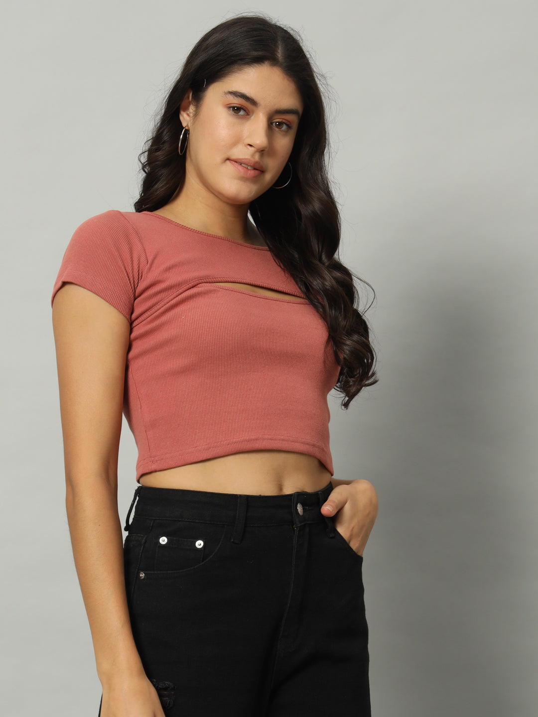 BROOWL Women's Round Neck Cut Out Fitted Crop Top