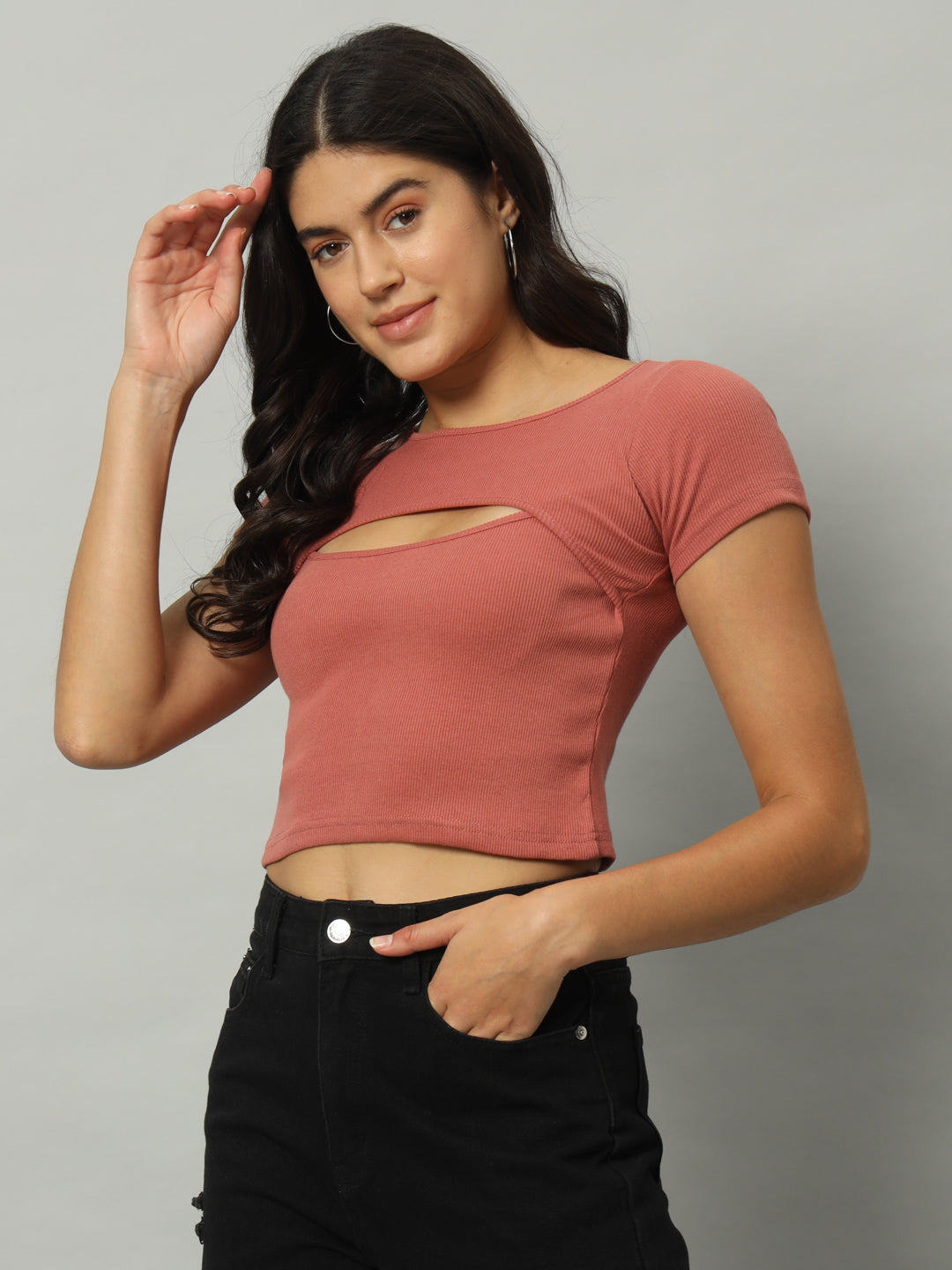 BROOWL Women's Round Neck Cut Out Fitted Crop Top