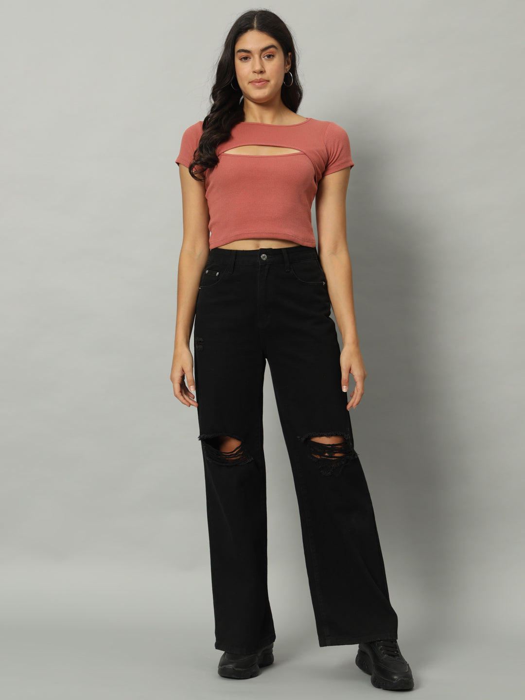 BROOWL Women's Round Neck Cut Out Fitted Crop Top