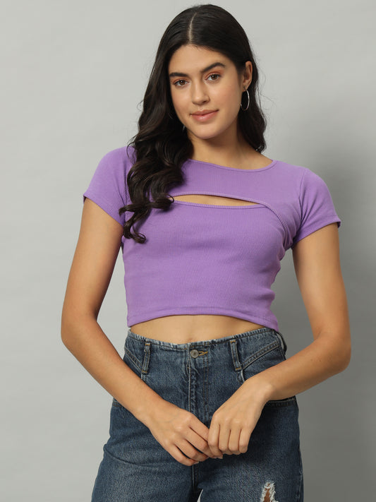 BROOWL Women's Round Neck Cut Out Fitted Crop Top