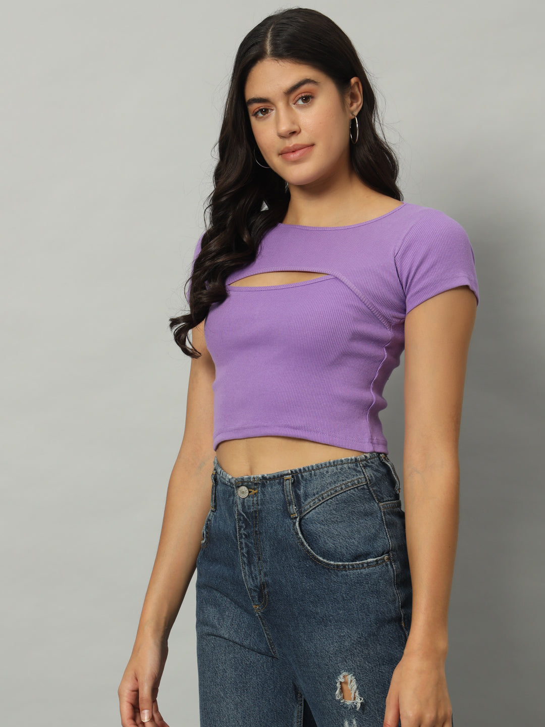 BROOWL Women's Round Neck Cut Out Fitted Crop Top