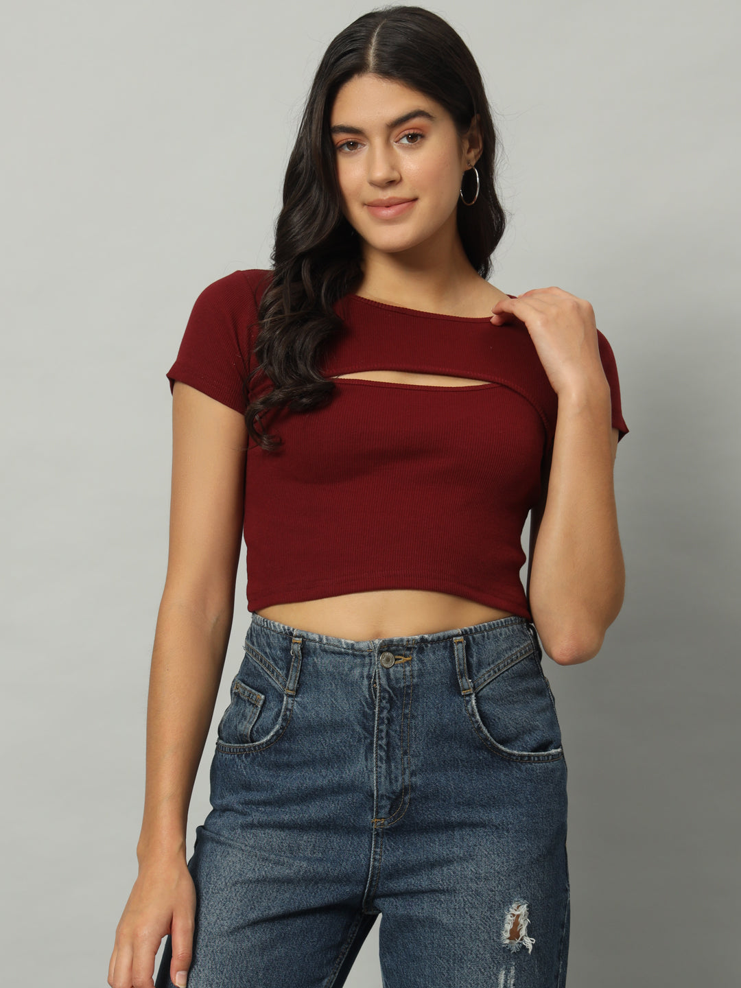 BROOWL Women's Round Neck Cut Out Fitted Crop Top