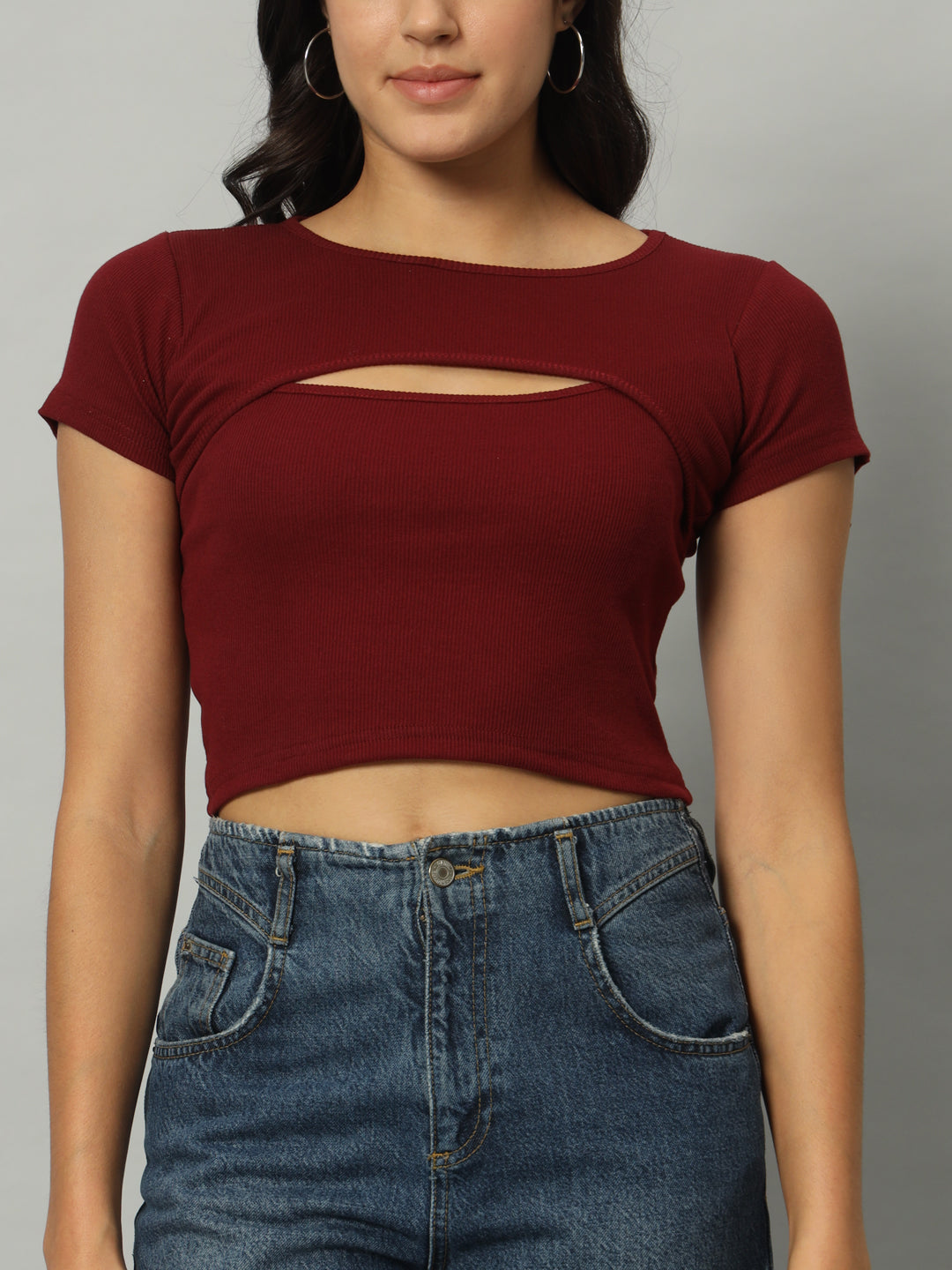 BROOWL Women's Round Neck Cut Out Fitted Crop Top