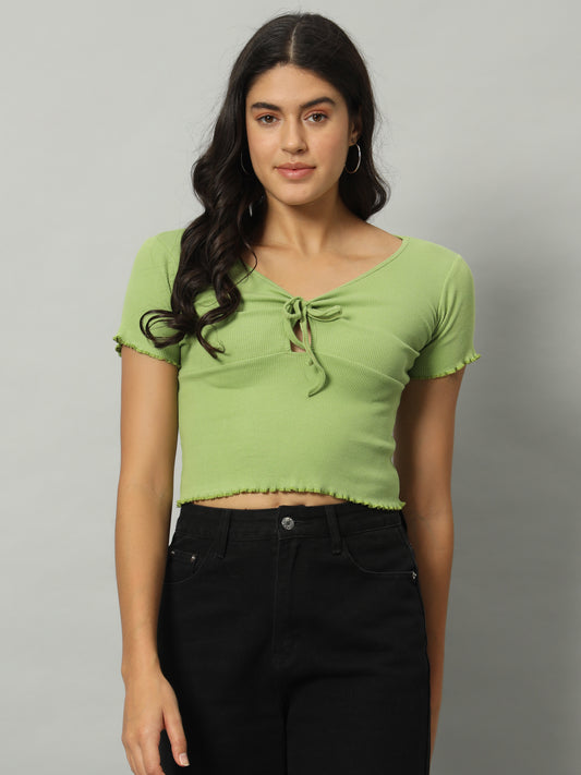 BROOWL Women's V-Neck Tie Front Lettuce Trim Fitted Crop Top