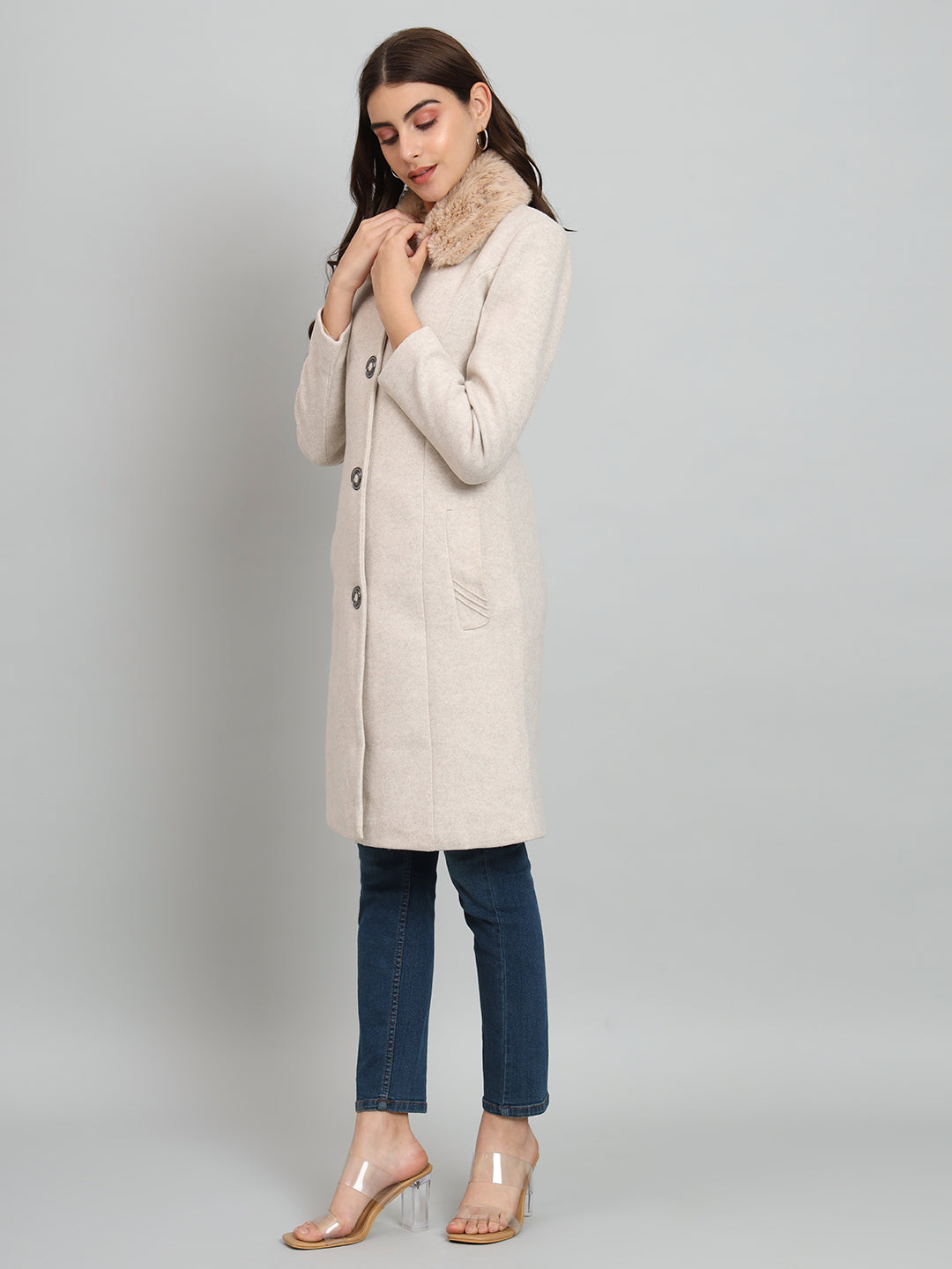 Broowl Beige Woollen Fur Overcoat