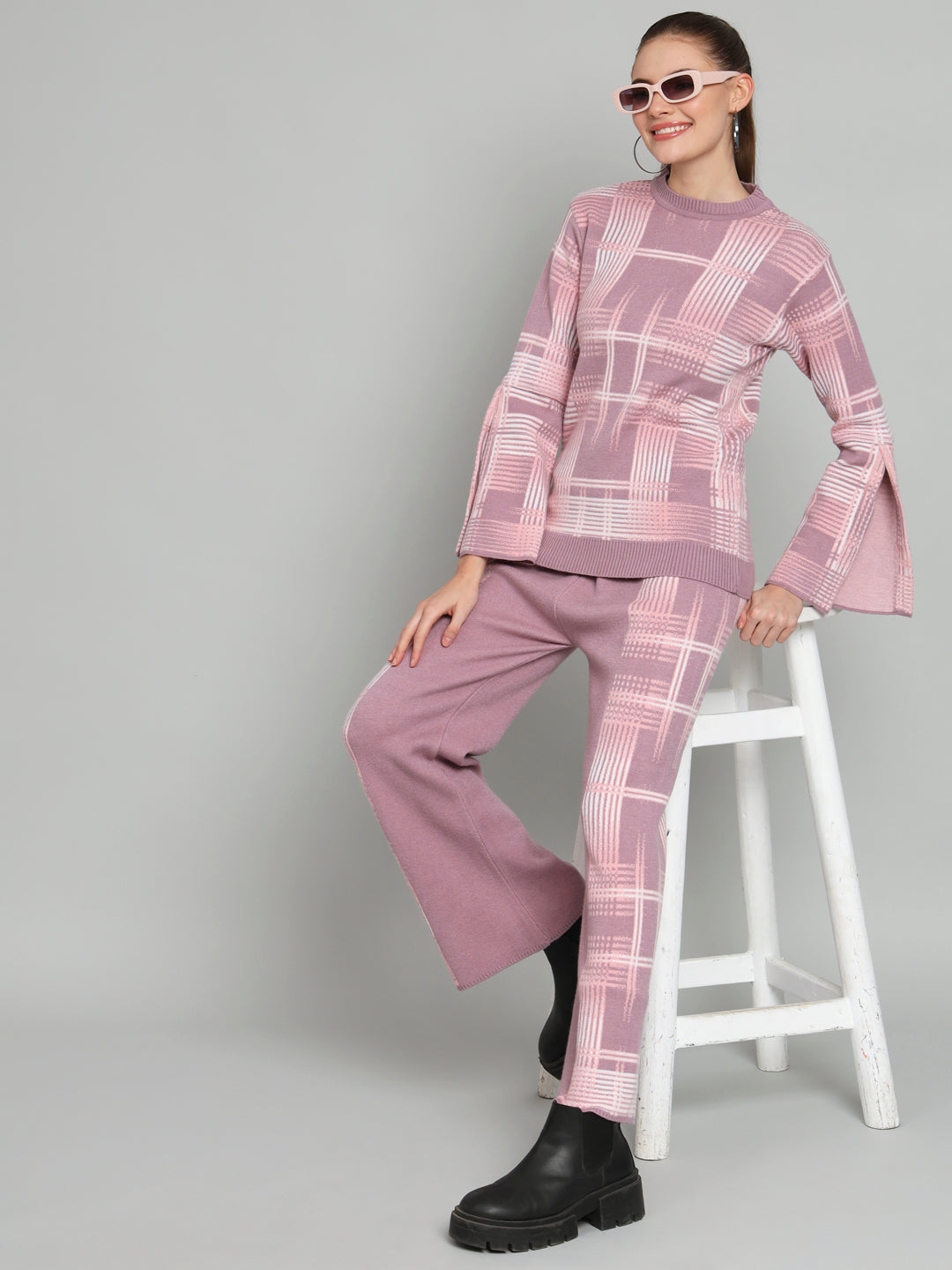 Purple Checkered Woollen Coord Set