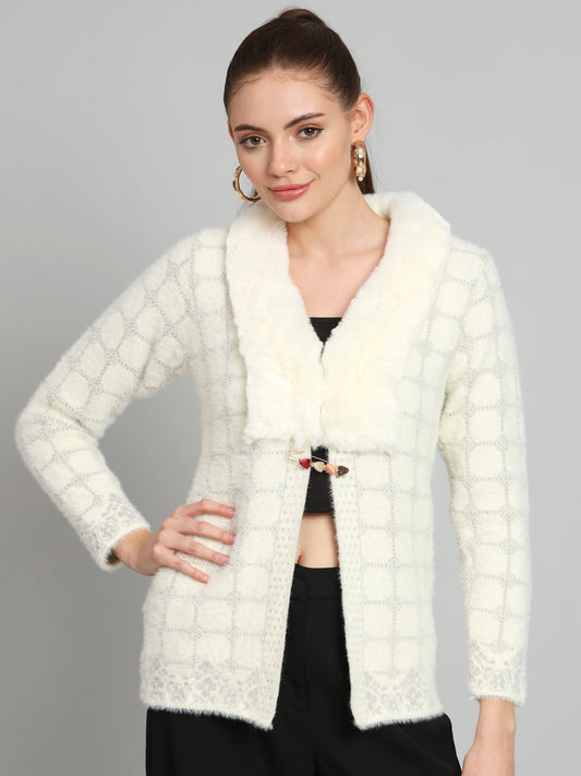 Cream Checkered Soft Fur Shrug