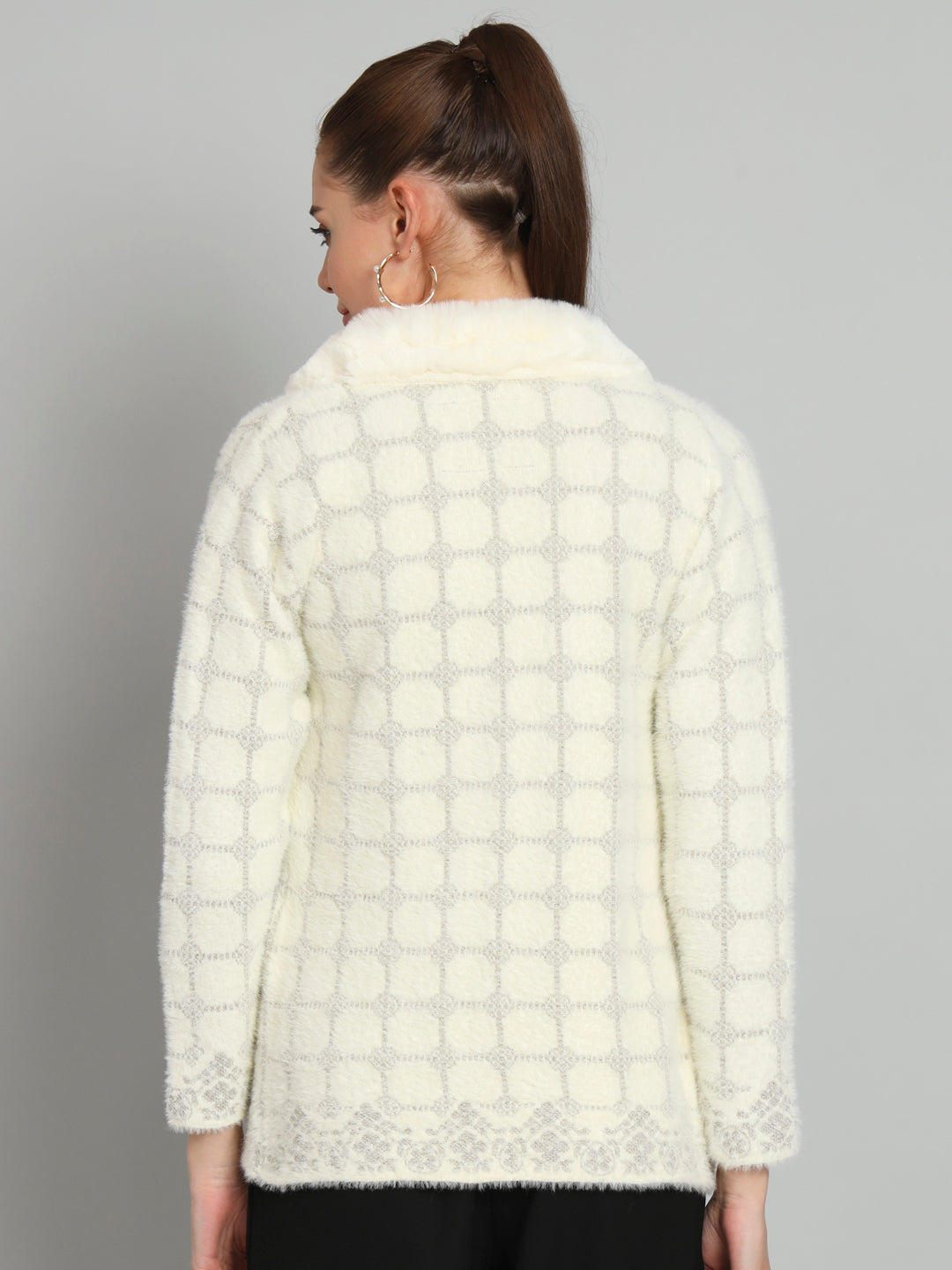 Cream Checkered Soft Fur Shrug