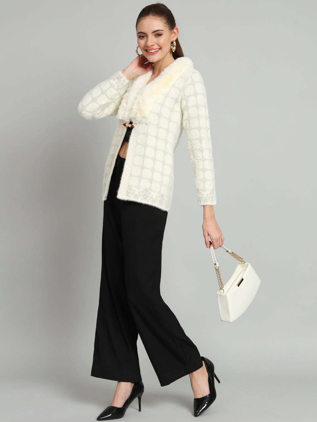 Cream Checkered Soft Fur Shrug