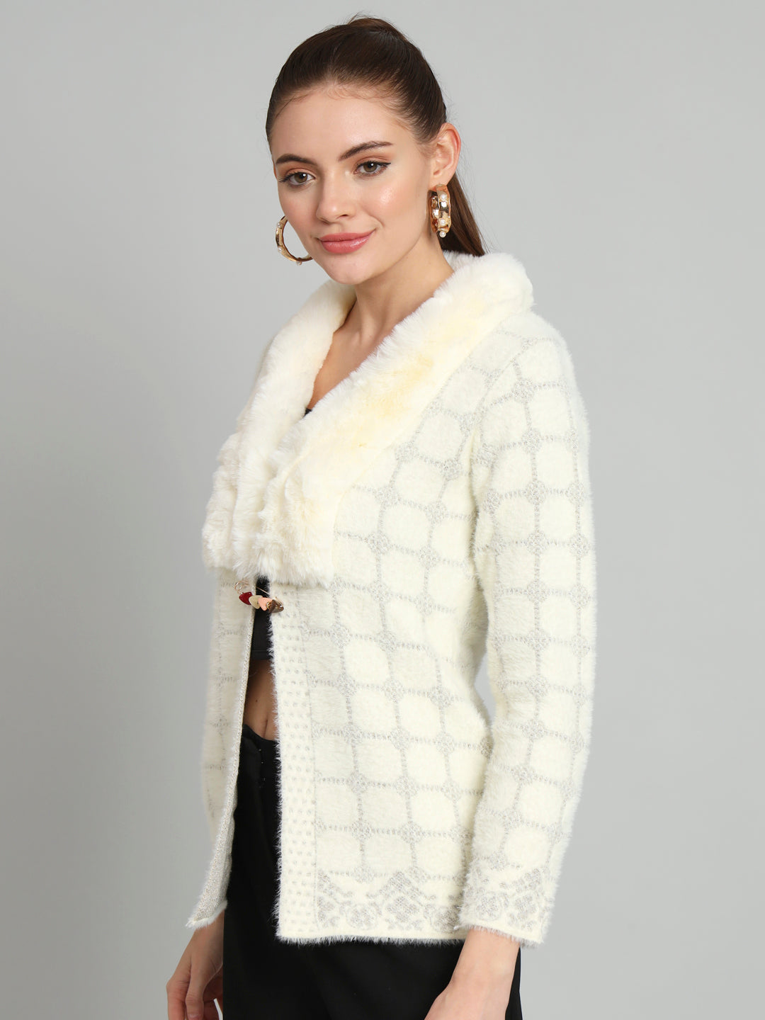 Cream Checkered Soft Fur Shrug