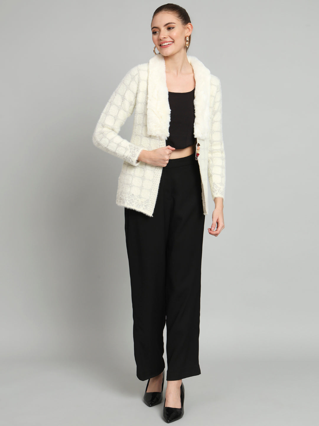 Cream Checkered Soft Fur Shrug