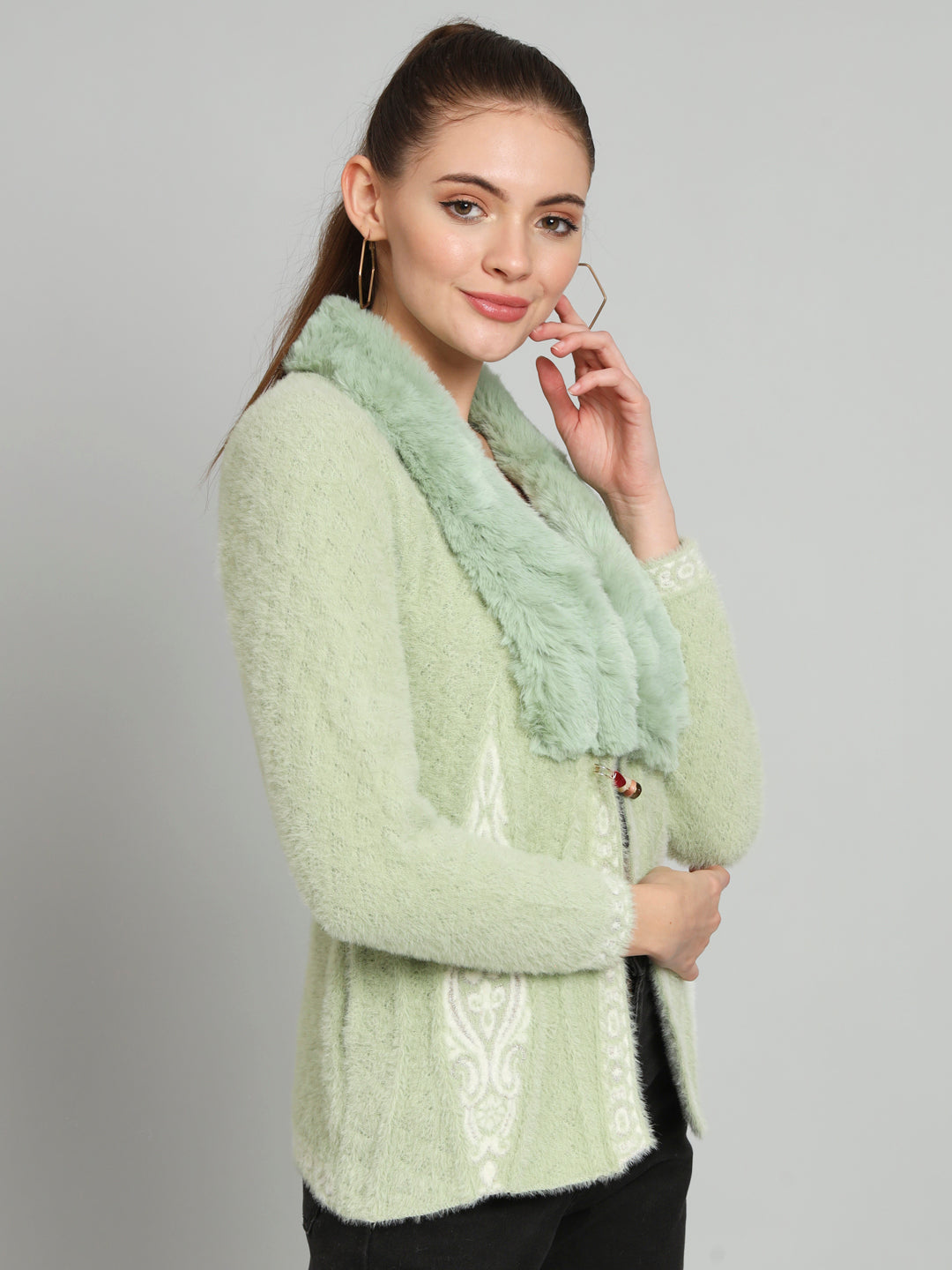 Green Printed Fur Shrug