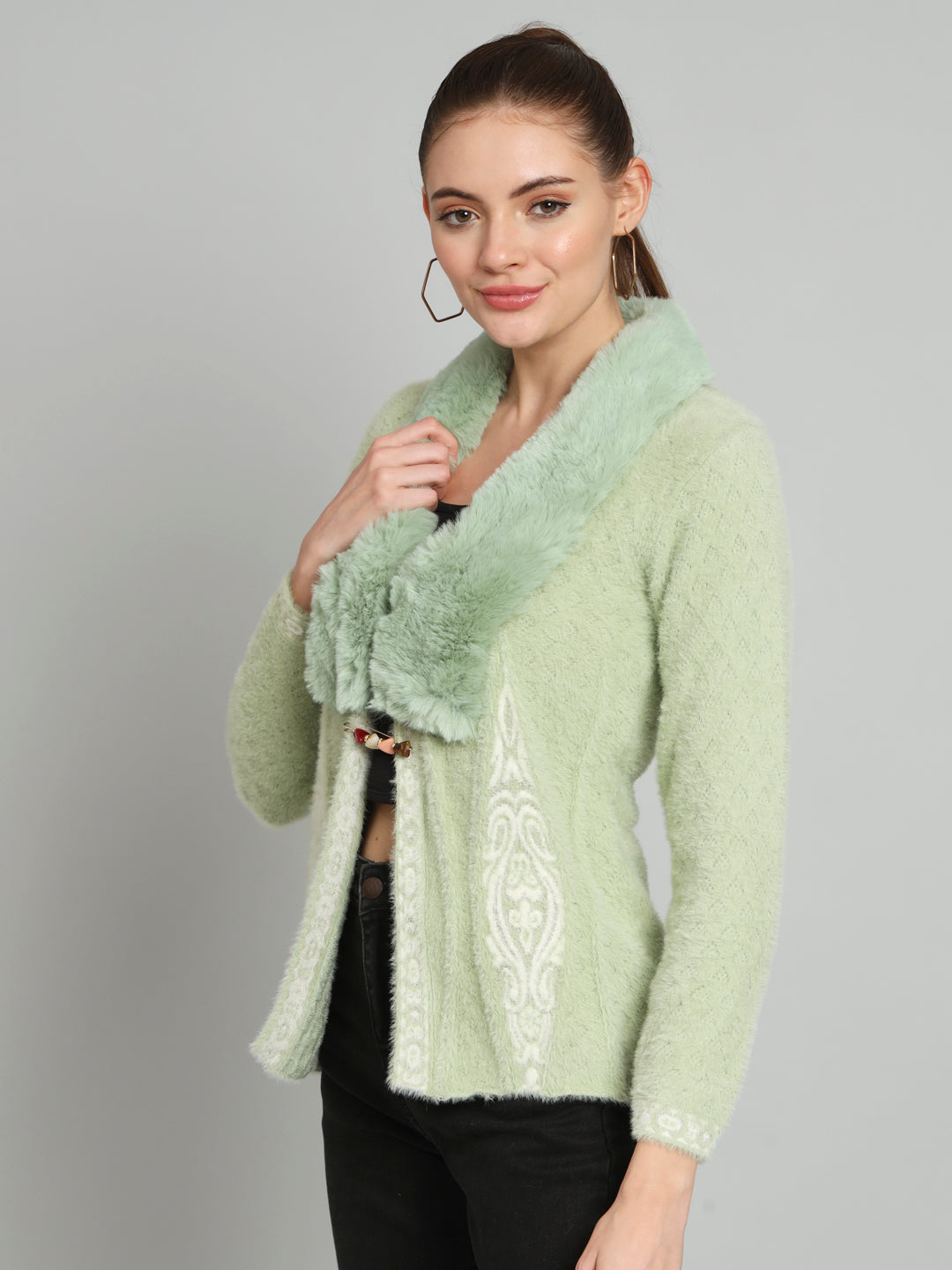 Green Printed Fur Shrug