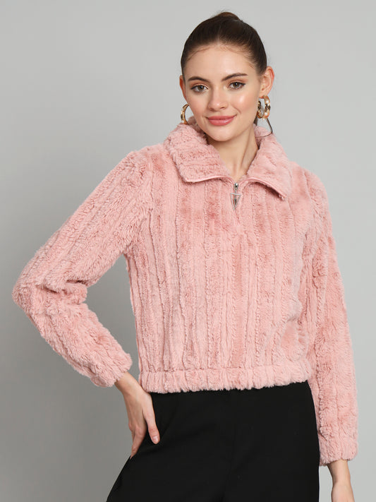 Pink Crop Pullover with Collar