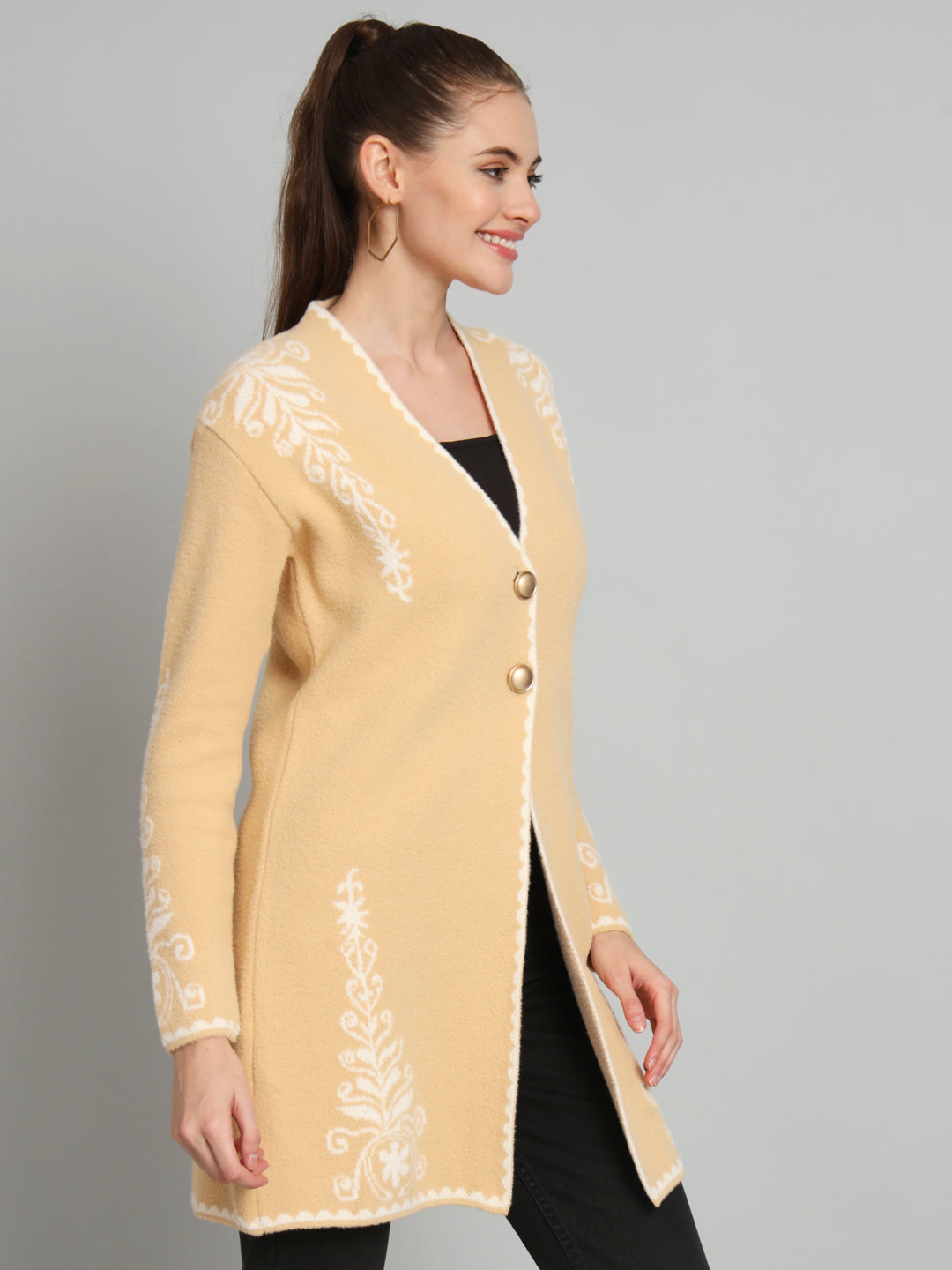 Broowl Beige Woollen Longline Cardigan