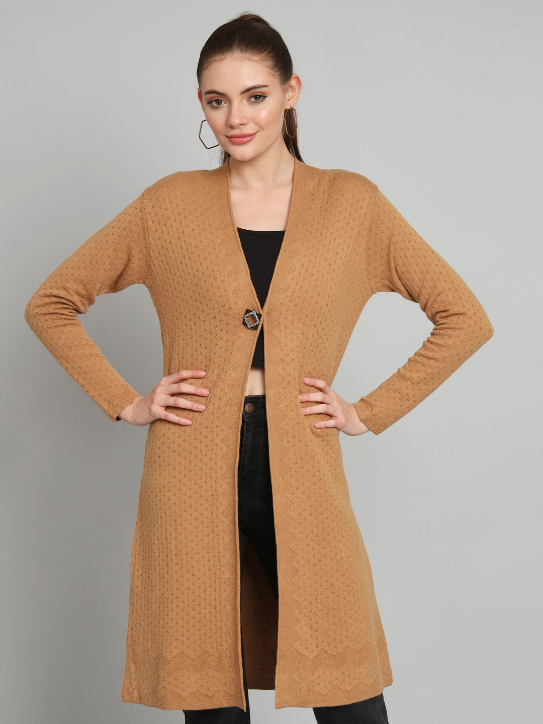 Brown Solid Woollen Longline Shrug