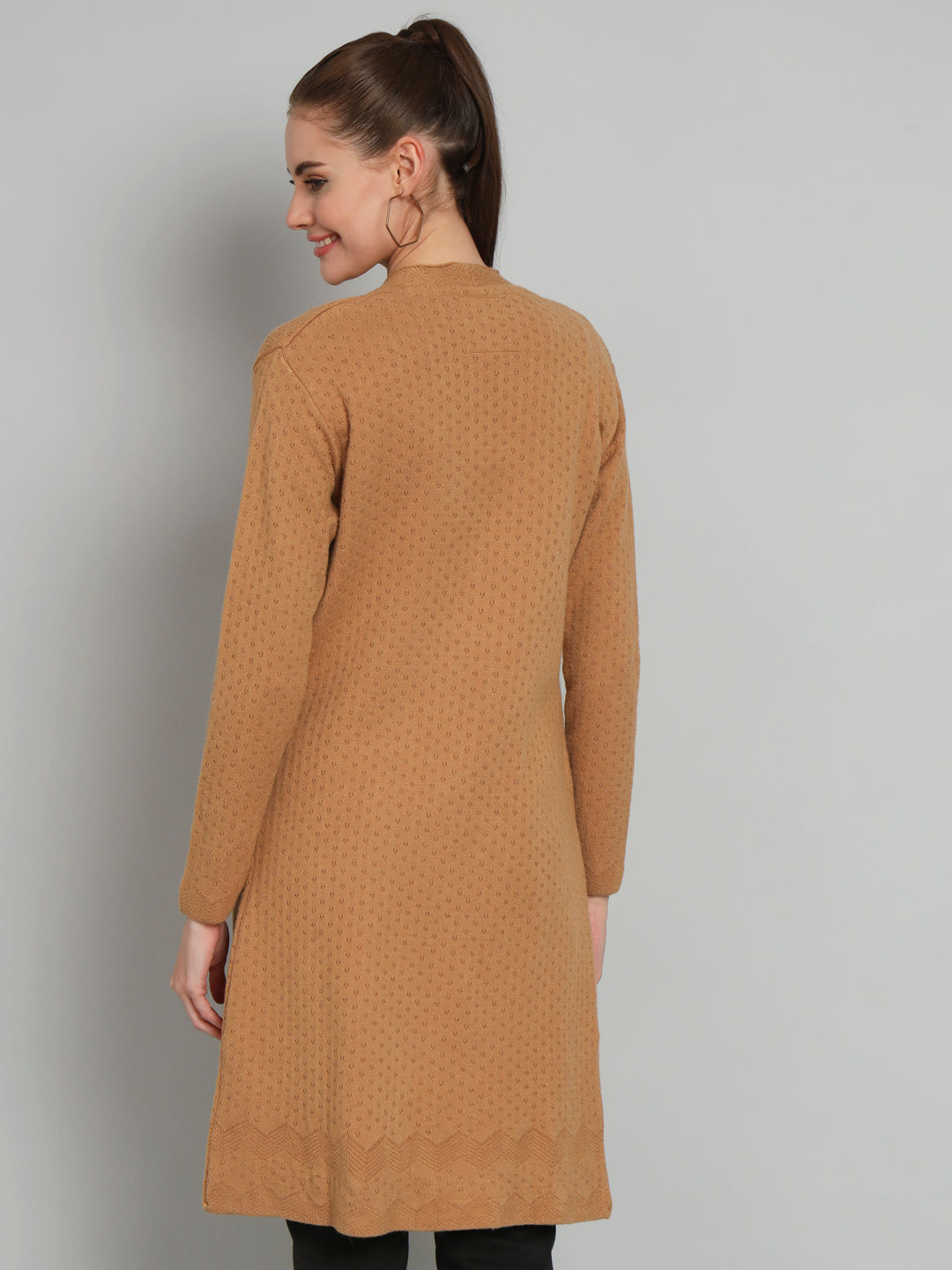 Brown Solid Woollen Longline Shrug