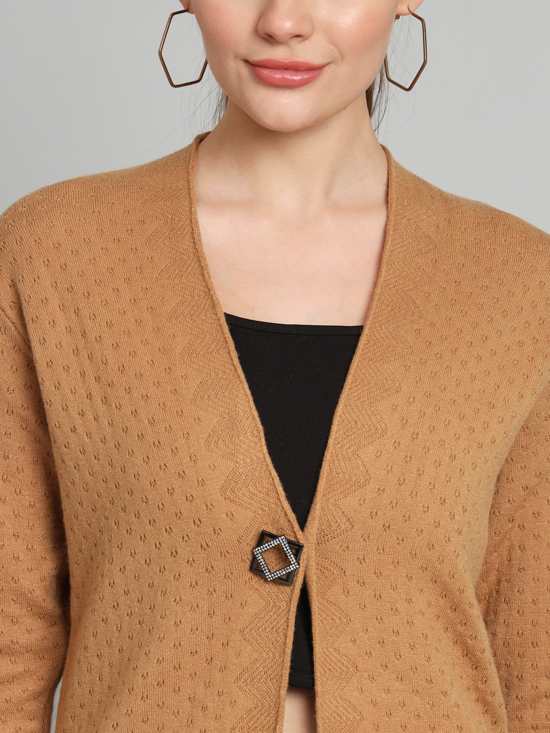 Brown Solid Woollen Longline Shrug