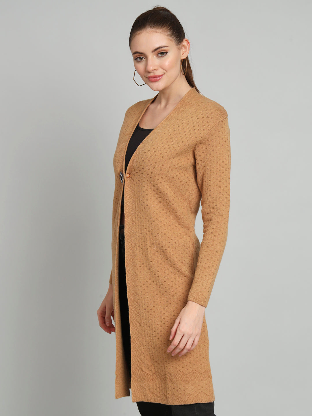 Brown Solid Woollen Longline Shrug