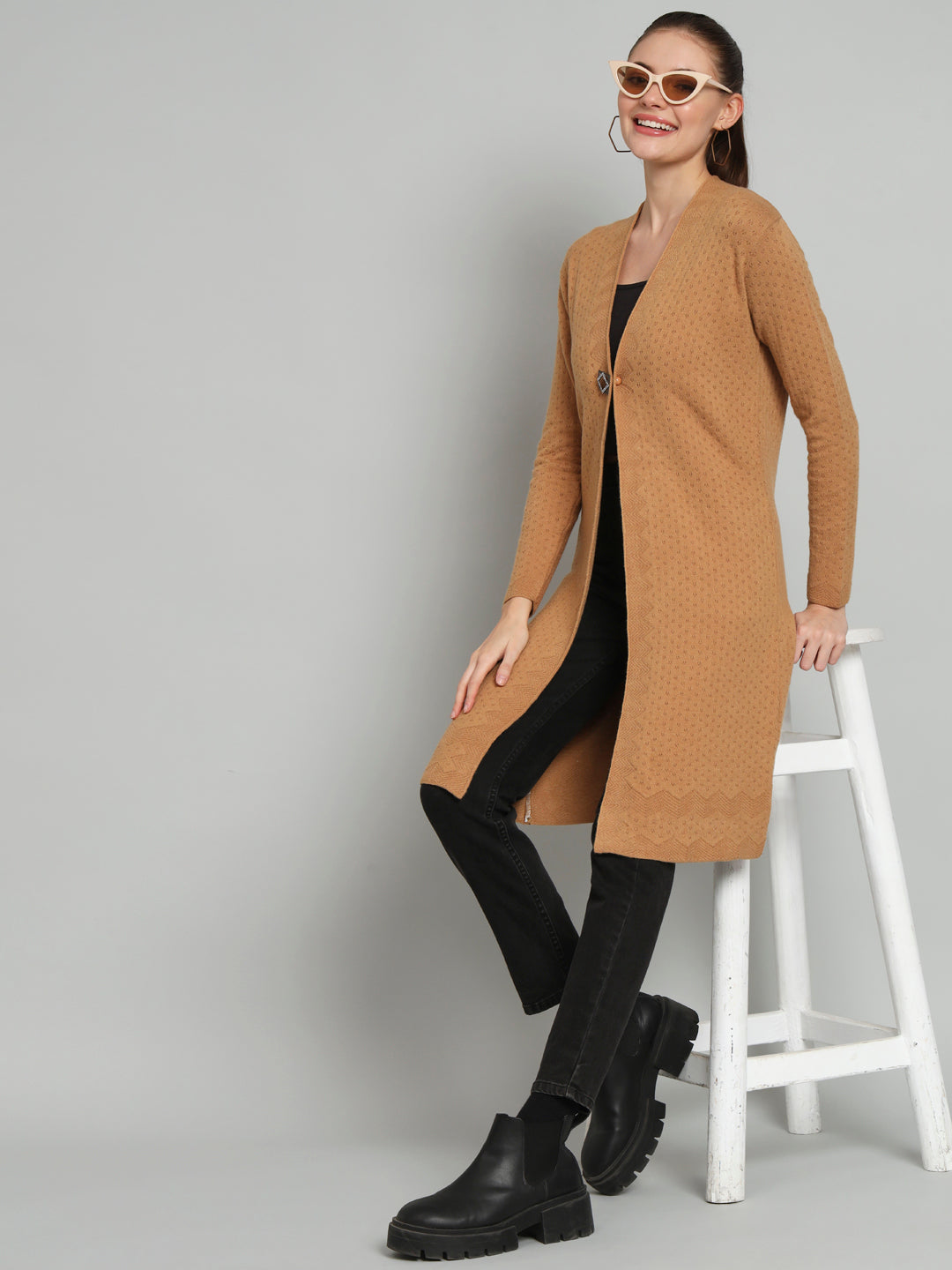 Brown Solid Woollen Longline Shrug