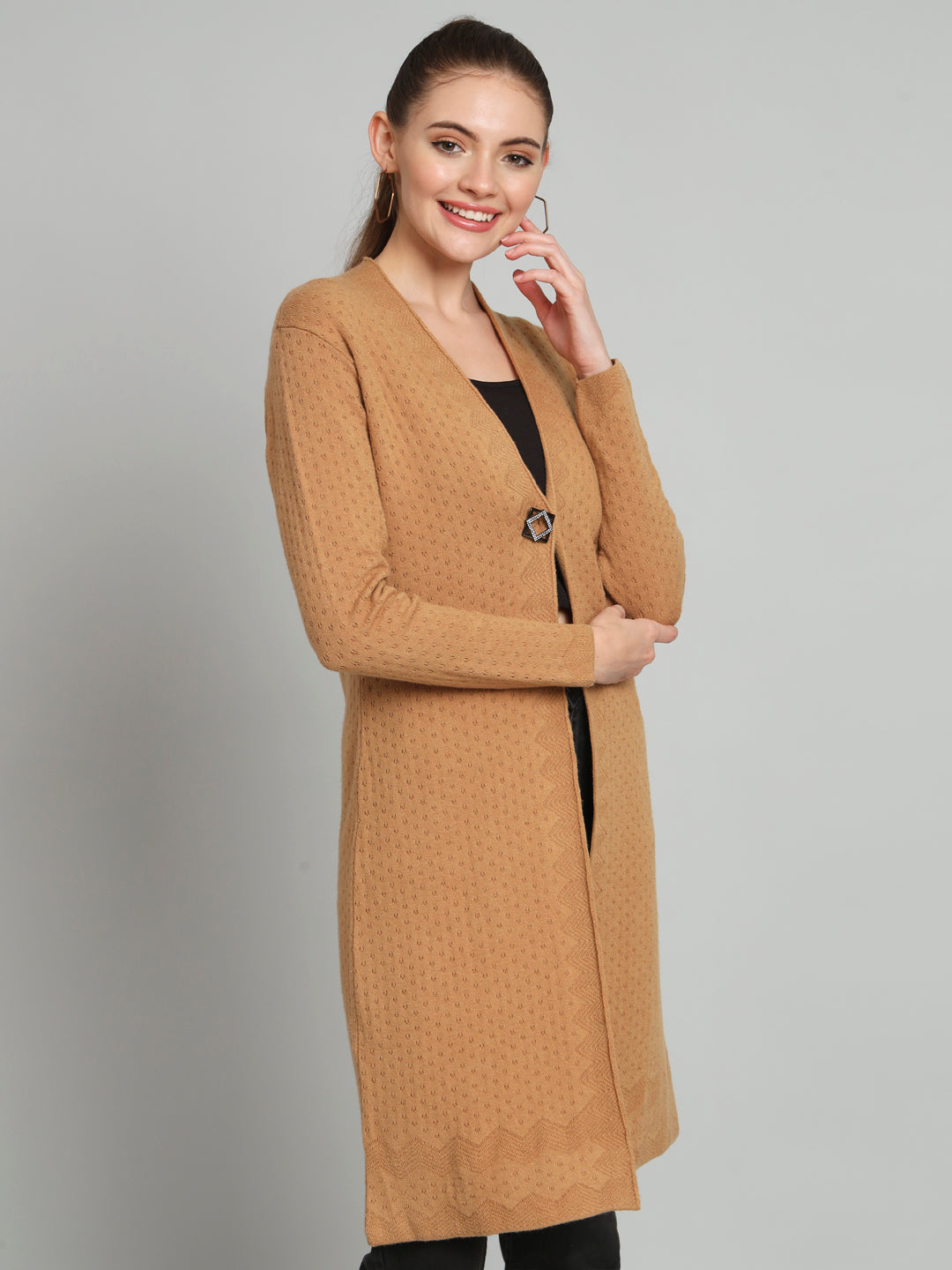 Brown Solid Woollen Longline Shrug