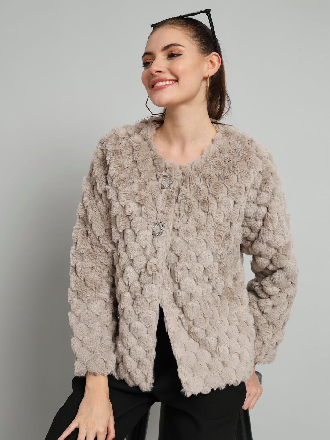 Grey Soft Fur Button Jacket