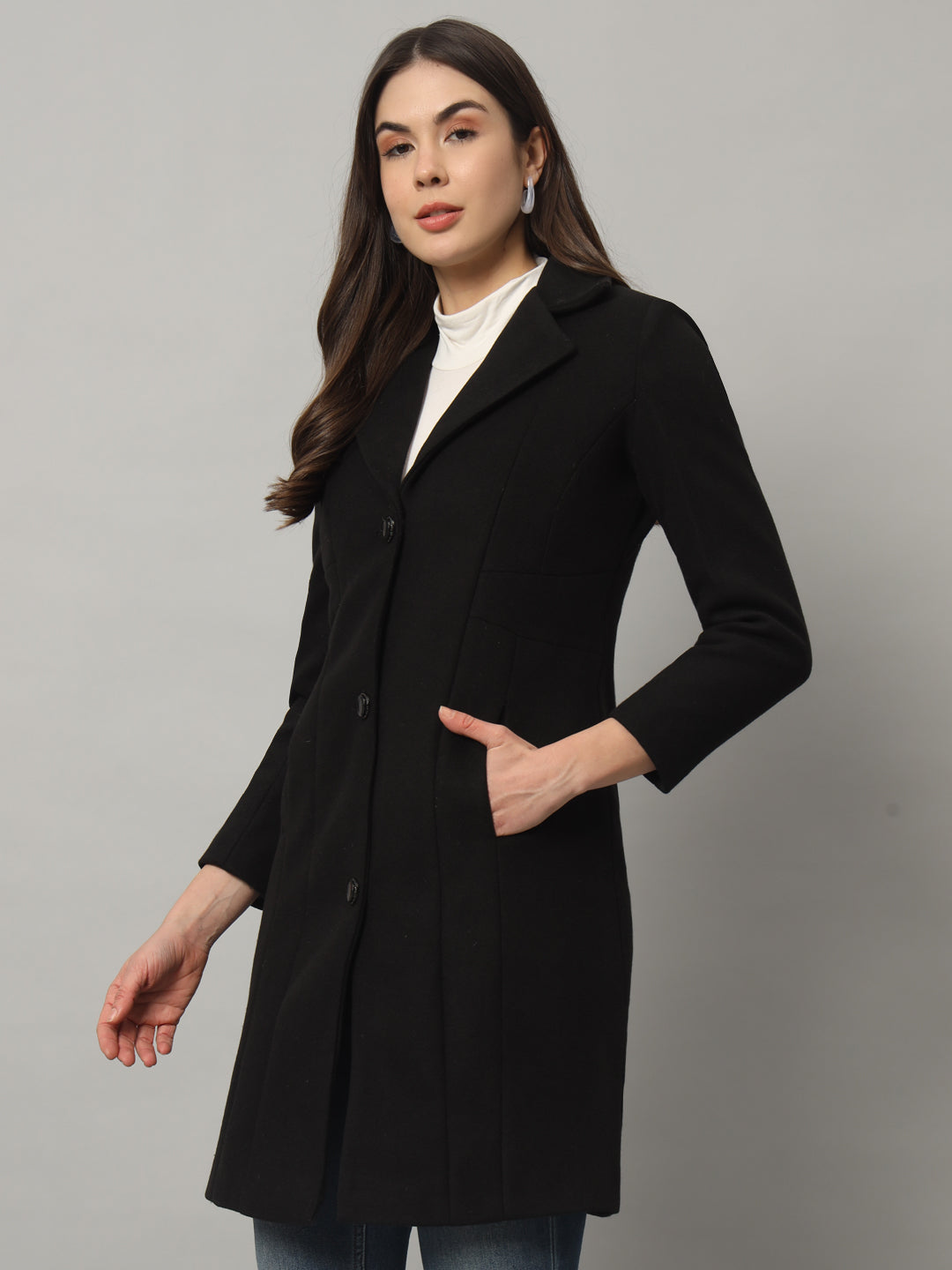 BROOWL Women Single-breasted Longline Woollen Coat