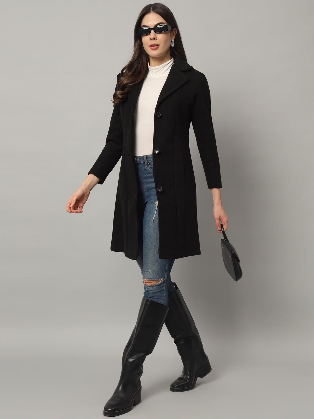 BROOWL Women Single-breasted Longline Woollen Coat