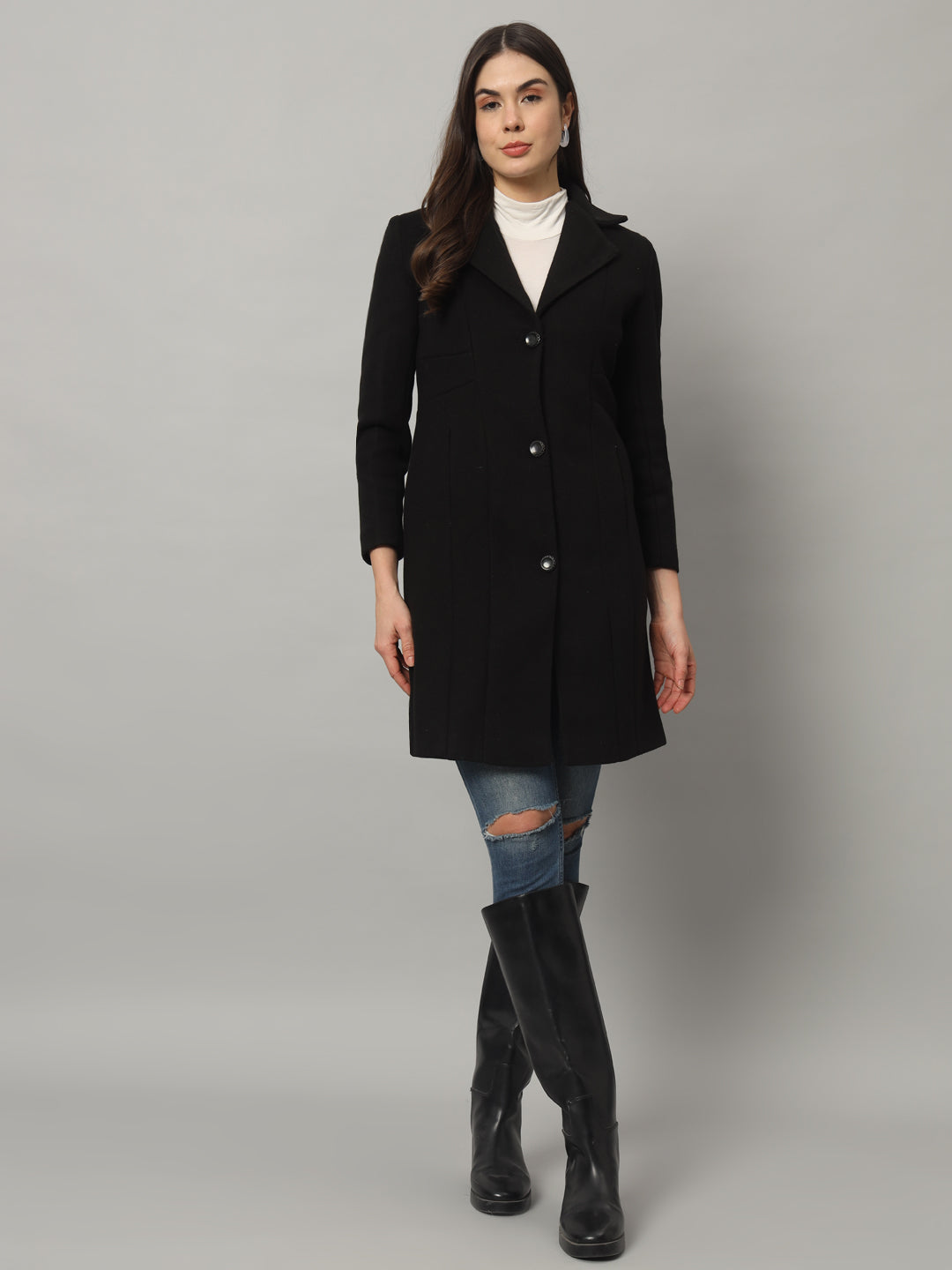 BROOWL Women Single-breasted Longline Woollen Coat